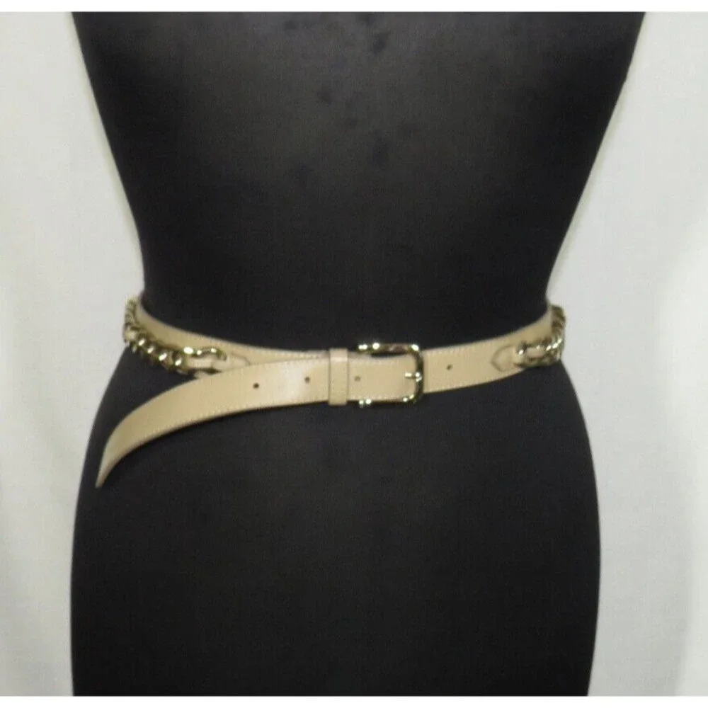 Women's Tan Faux Leather Gold Chain Detail Belt 34-38 Inch Waist Size XL